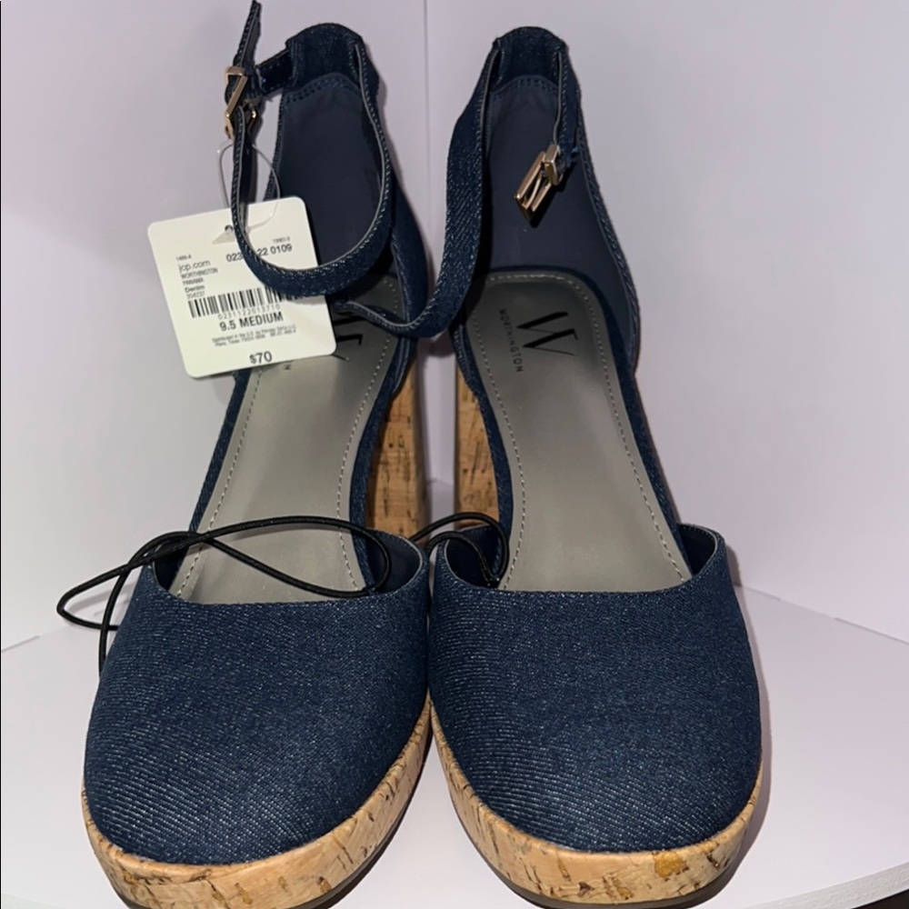 Worthington Navy Wedges with Cork Heel